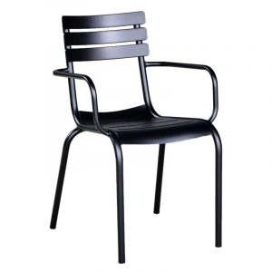Black Lexi armchair. Metal frame, armrests, and a slatted back. Outdoor chair.
