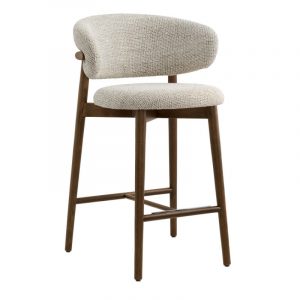 Oleandro barstool with upholstered seat and back in neutral fabric, and a wooden frame.
