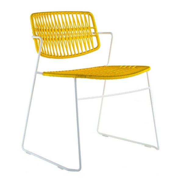 Yellow Serpentine armchair. Rope woven seat and back with white metal frame. Stackable outdoor chair.