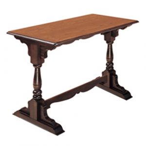 Angled view of a Wellington twin dining table base. Solid beech wood frame in dark brown.