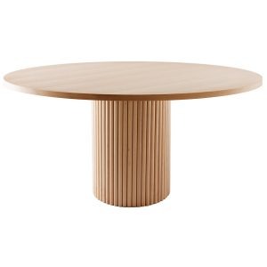 Angled view of the Ikar dining table base with a round wooden top. The base is a cylinder made of vertical wooden slats.