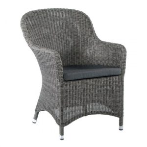 Wicker-style Monte Carlo armchair with gray upholstered seat cushion and aluminum metal frame.