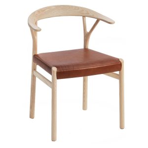 Oslo armchair with light wood frame and brown leather upholstered seat.