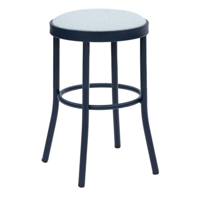 Front view of a blue metal Puerto Low Stool with a light blue upholstered seat. Outdoor stool.