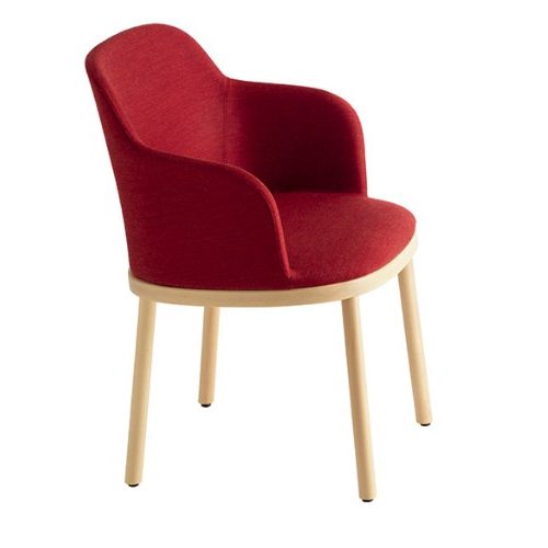Angled view of a red Agami W Armchair. The seat and back are upholstered, and the frame is made of light wood.