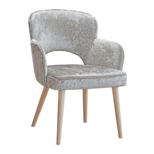 Upholstered Brenda armchair in silver fabric with wooden frame. Modern style chair with curved back and armrests.