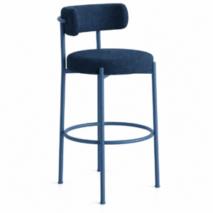 Three-quarter view of a navy blue Giotto barstool, highlighting the circular footrest and matching metal frame design.
