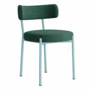 Three-quarter view of the Giotto side chair, featuring a vibrant green upholstered seat and a light blue metal frame.