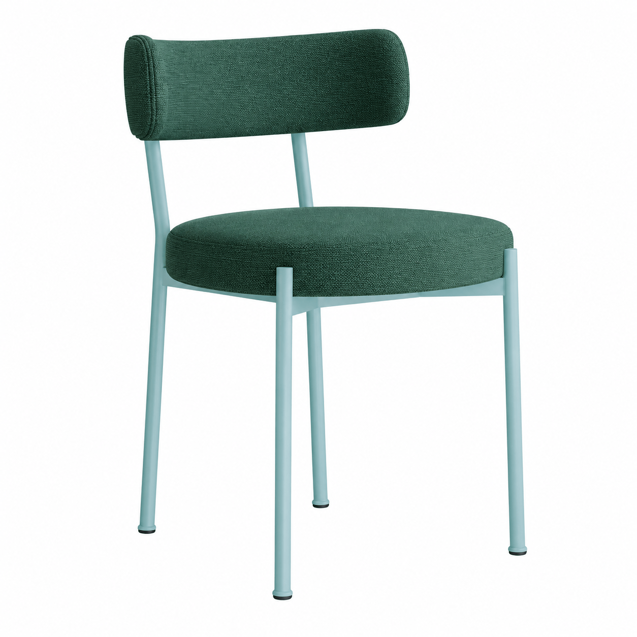 Three-quarter view of the Giotto side chair, featuring a vibrant green upholstered seat and a light blue metal frame.