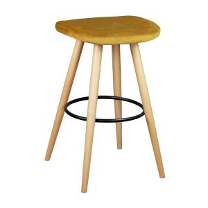 Front view of a Solo barstool. It features a gold upholstered seat, wooden frame and a black metal foot ring.