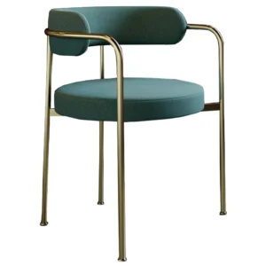 Elegant Giotto armchair featuring a teal upholstered seat and backrest supported by a sleek, polished brass metal frame.