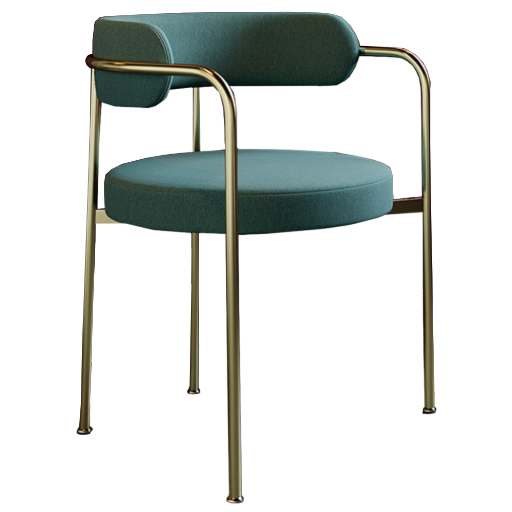 Elegant Giotto armchair featuring a teal upholstered seat and backrest supported by a sleek, polished brass metal frame.