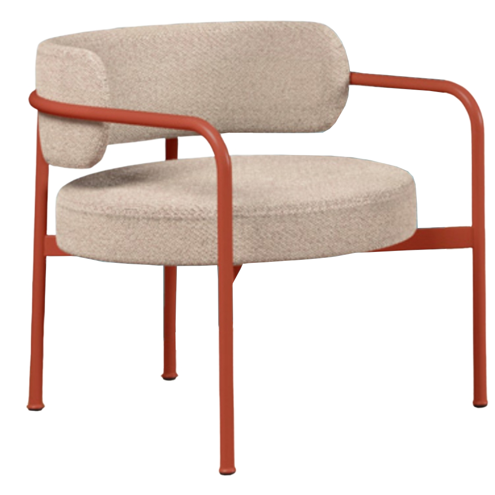 Giotto lounge chair featuring a rust-orange metal frame and textured beige upholstered circular seat and wrap-around back.