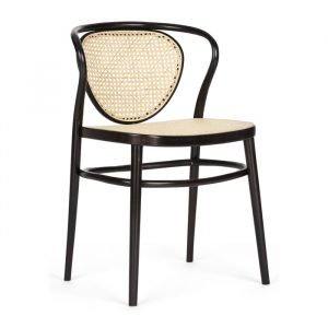 Angled view of the Tokyo side chair. Wood frame with a cane seat and back.