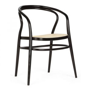 Front view of the Tokyo WB armchair. Black wood frame with a woven cane seat.