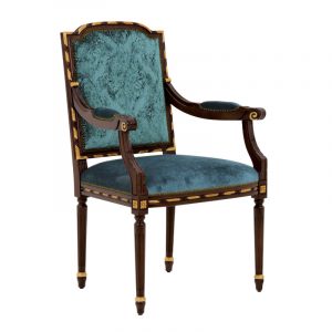 Upholstered Ginevra armchair with a wood frame. The seat and back are teal and the wood is dark brown with gold accents.