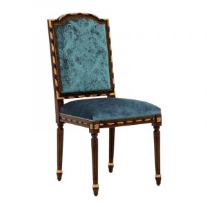 Front view of the Ginevra side chair with a wooden frame and teal upholstered seat.
