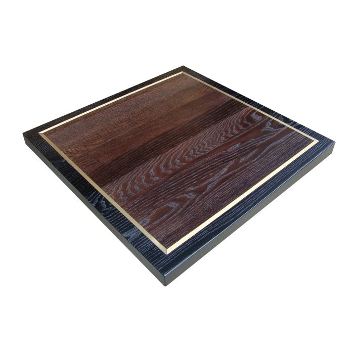 Square Veneer Ash Top with brass inlay and dark wood edge.
