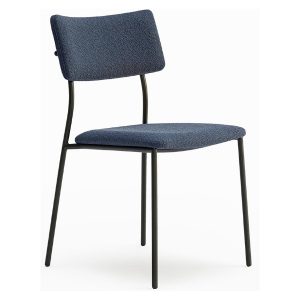 Upholstered Althea side chair in blue fabric with a black metal frame. The chair has a padded seat and backrest.