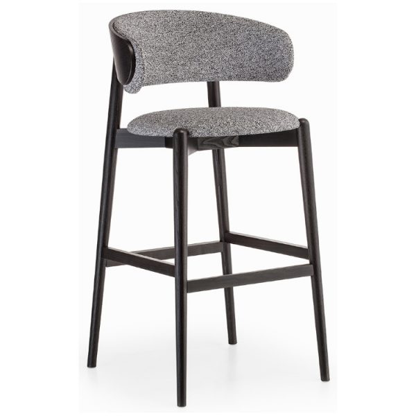 Upholstered Candy barstool with a wooden frame. The seat and back are gray fabric. The frame is dark wood. Front view.