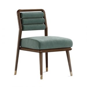 Angled view of a Lovano side chair. Wood frame, polished brass feet, and green upholstered seat and backrest.
