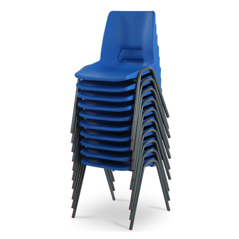 Stacked Skool sky side chair in blue. Metal frame with polypropylene seat and back. Stackable up to 20 chairs high.