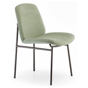 Angled view of a light green upholstered Vega side chair with a dark metal frame.
