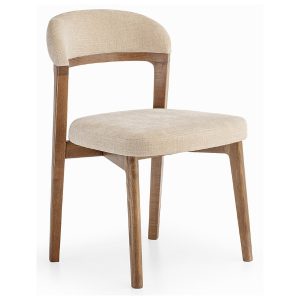 Upholstered Yuma Side Chair with a wooden frame. The seat and back are a light beige color.