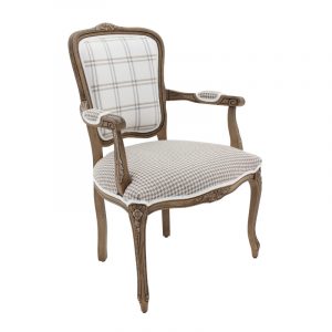 Front view of the Zeta armchair. Wooden frame with upholstered seat and back in a plaid and houndstooth pattern.