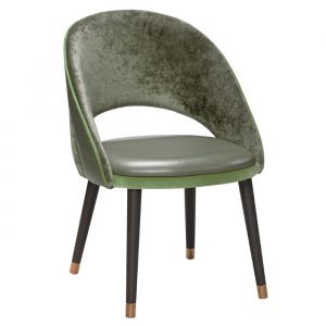 Front view of the Sinatra d armchair. It has a green upholstered seat and back with dark wood legs and gold accents.