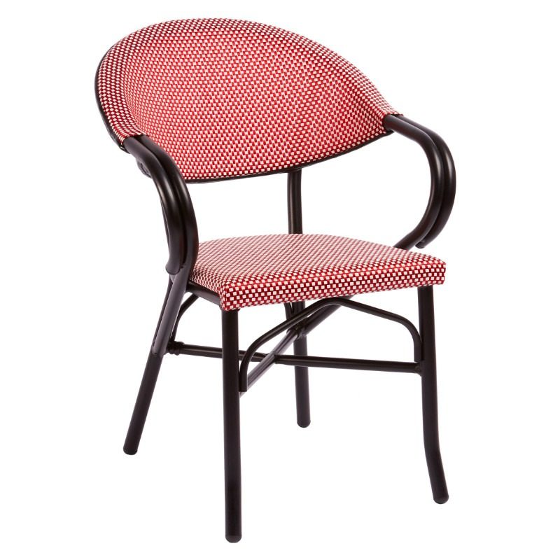 Front view of a stackable Gio armchair. It has a black aluminum frame and red and white checkered upholstery.