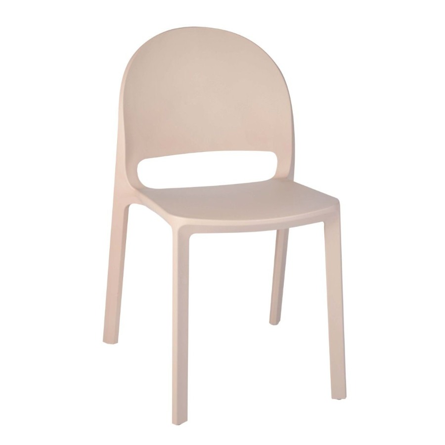 Front view of a taupe Hackney side chair. The stackable chair has a polypropylene frame, seat, and back. Suitable for indoor and outdoor use.