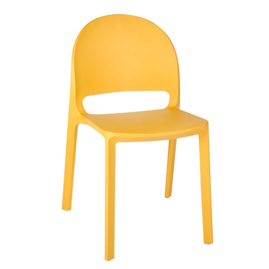 Front view of a mustard Hackney side chair. The chair is made of polypropylene and is stackable.