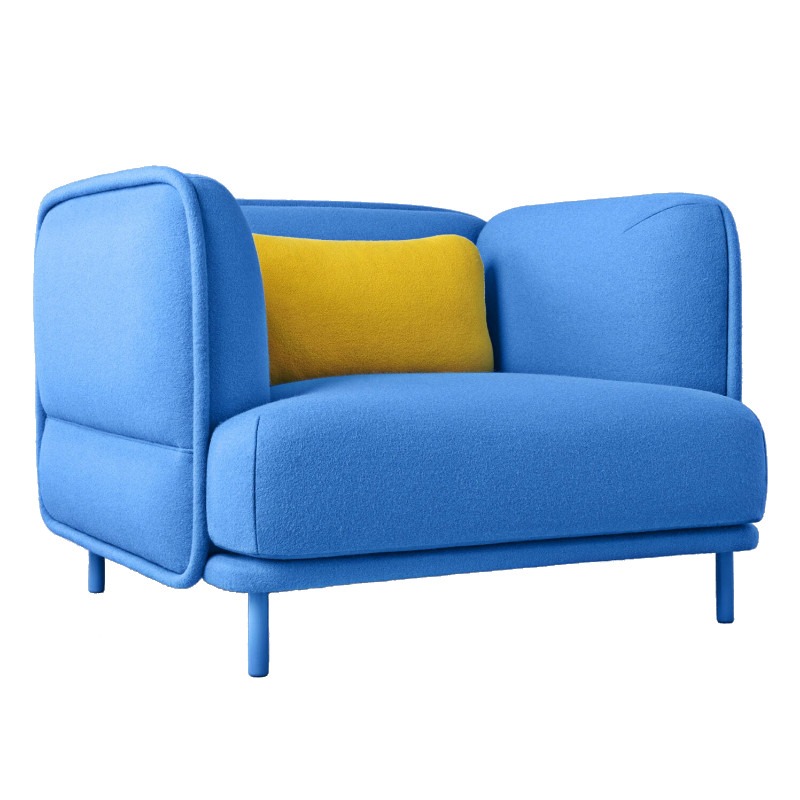 Upholstered Hug Lounge Chair in blue with a yellow lumbar pillow. Wood frame.