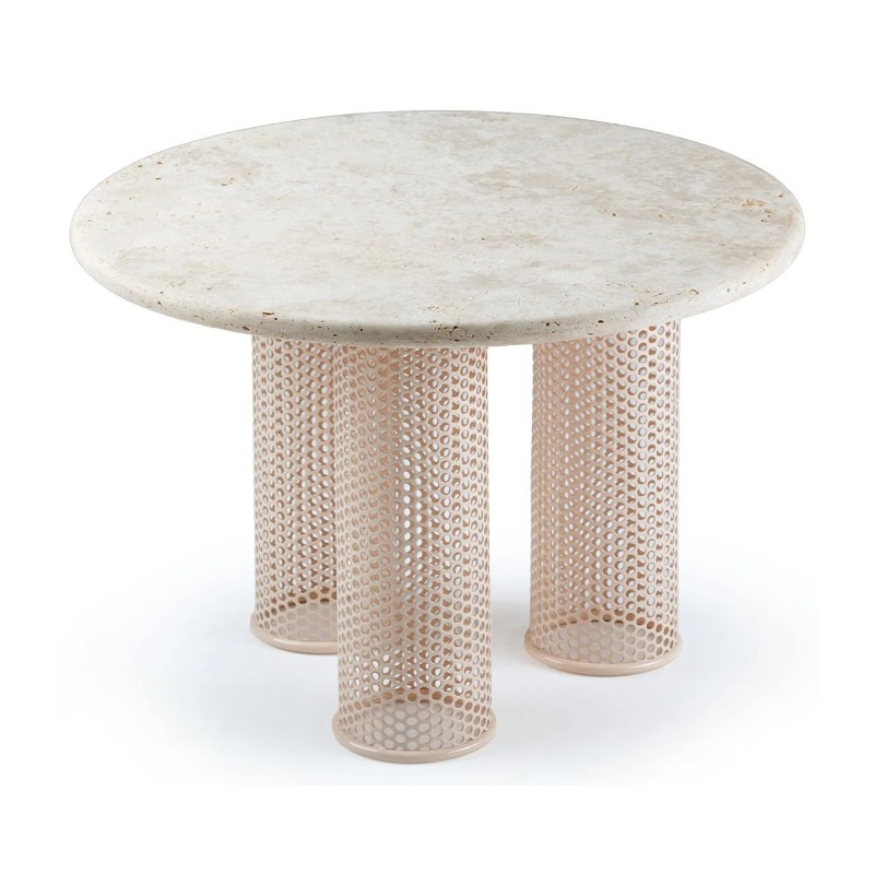 Front view of the Riviera side table with a round travertine top and three cylindrical, perforated metal legs.