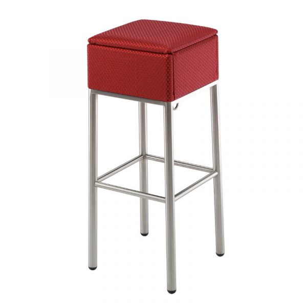 Rora Barstool, front view. Outdoor stool with stainless steel frame and red upholstered square seat.