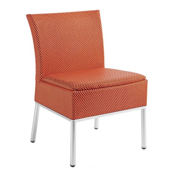 Upholstered Rora Side Chair with a stainless steel frame. The chair is orange with a black checkered pattern. Suitable for outdoors.
