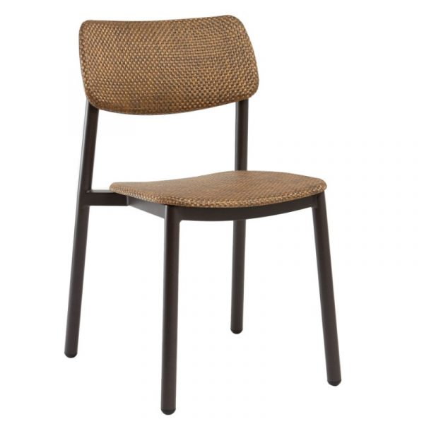 Front view of the brown upholstered Star Side Chair with an aluminum frame, stackable up to 5 chairs.