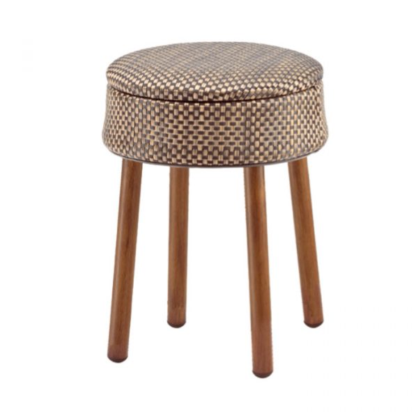 Upholstered brown and tan Fungo low stool with aluminum frame and wooden legs. Suitable for outdoor use.