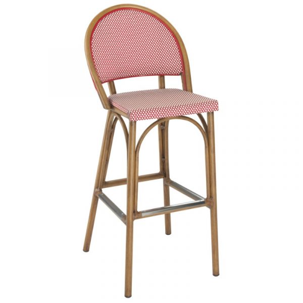 Front view of a Gio barstool. The aluminum frame is bronze with a red and white woven seat and back.