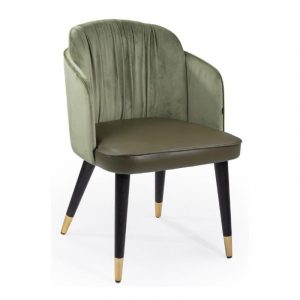 Front view of an Akron armchair in green upholstery with black wooden legs and gold metal socks.