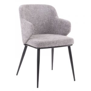 Upholstered grey Casey armchair with metal frame. Arm chair with curved back and arms, shown at a slight angle.