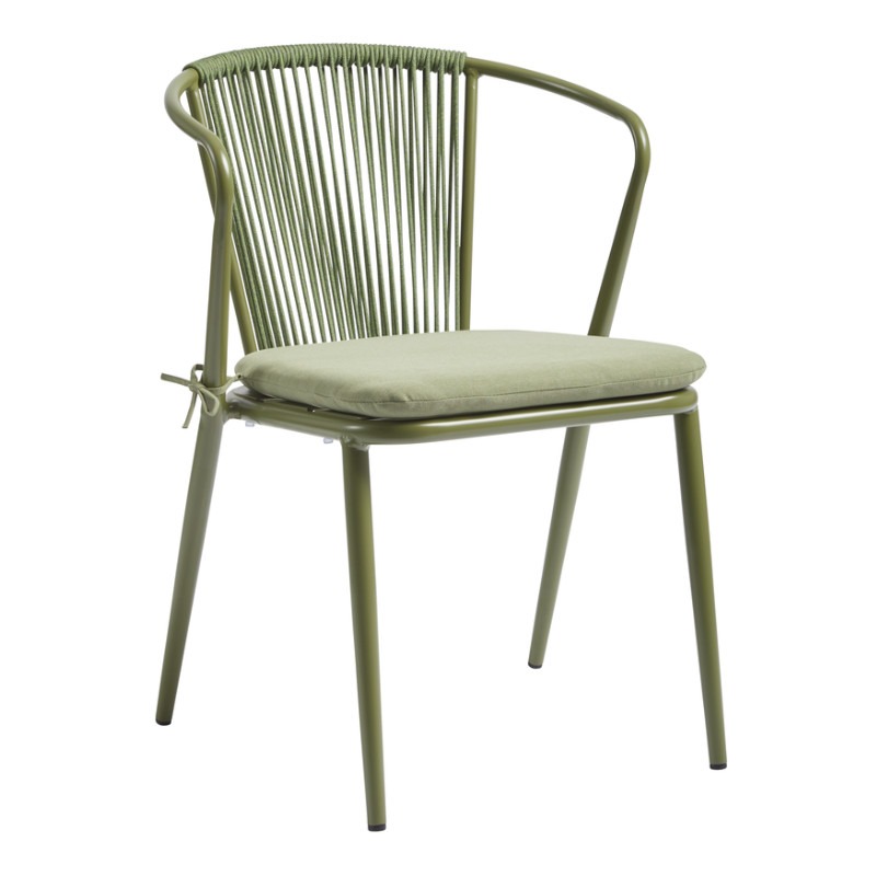 Olive green Kendal armchair. Metal frame, woven rope back, and upholstered seat cushion with tie backs. Stackable outdoor chair.