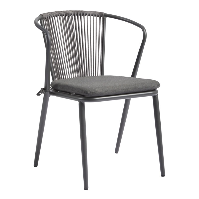 Kendal armchair in gray. Metal frame with woven rope back and upholstered seat cushion. Stackable outdoor chair.
