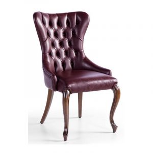 Front view of a brown leather Luxuria Side Chair with a tufted back and curved wooden legs.