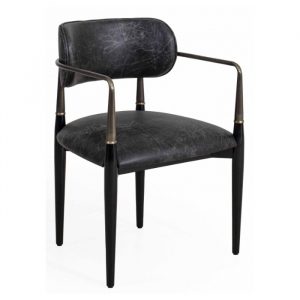 Front view of a Padova armchair. It has a black wooden frame, metal armrests, and black upholstered seat and back.