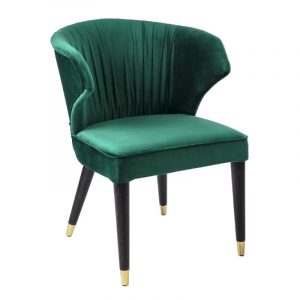 Front view of the Vera armchair in green velvet upholstery with dark wood legs and metal socks.