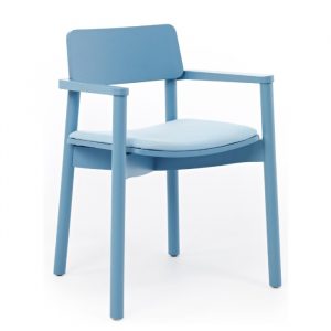 Sky blue Mine armchair. Wooden frame, upholstered seat pad, and armrests.