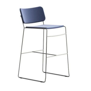 Upholstered blue Button barstool with metal frame. Modern high stool with backrest.