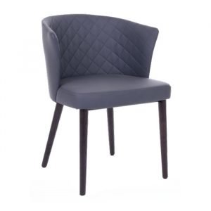 Upholstered grey Julie Armchair with a diamond-patterned backrest and dark wood frame.